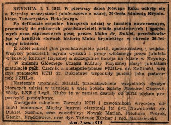 20 Lat KTH - skan artykuu prasowego z dn. 01.01.1949
